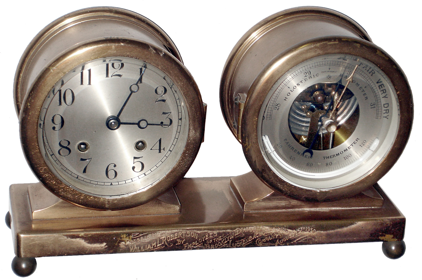 Chelsea Clock Co., Boston, Mass., brass desk set with 8 days, ship's bells clock and French barometer, 4.5" dials, 1929 — Antique Clocks Price Guide