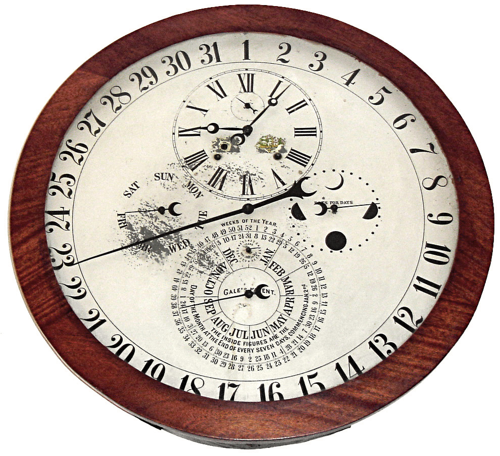 Welch, Spring &amp; Co., Forestville, Conn., "D.J. Gale Patent Astronomical Calendar" gallery wall clock, 8 days, time, strike and perpetual calendar, spring driven pendulum movement in a mahogany veneer and sheet metal case with a 24" painted metal dial, c1880 — Antique Clocks Price Guide