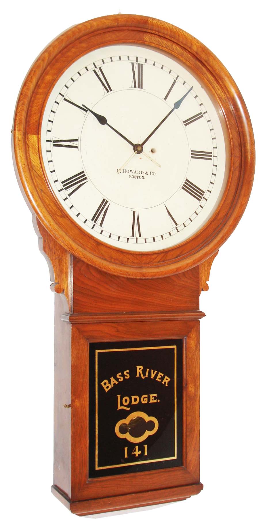 E. Howard &amp; Co., Boston, Mass., "No. 70 Regulator" with 20" dial, wall clock, 8 days, time only, weight driven movement in a walnut case with painted wooden dial and reverse painted lower tablet for "BASS RIVER LODGE 141", c1890 — Antique Clocks Price Guide