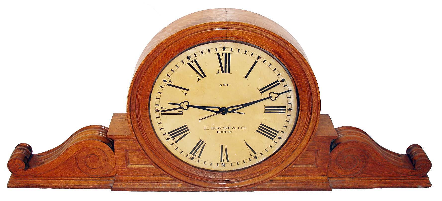 E. Howard &amp; Co., Boston, Mass., "Monumental Gallery" wall clock (140 series), 8 days, time only, compounded weight driven movement with external slow / fast adjustment in an oak case with 28" painted wooden dial and counterbalanced hands, c1920 — Antique Clocks Price Guide