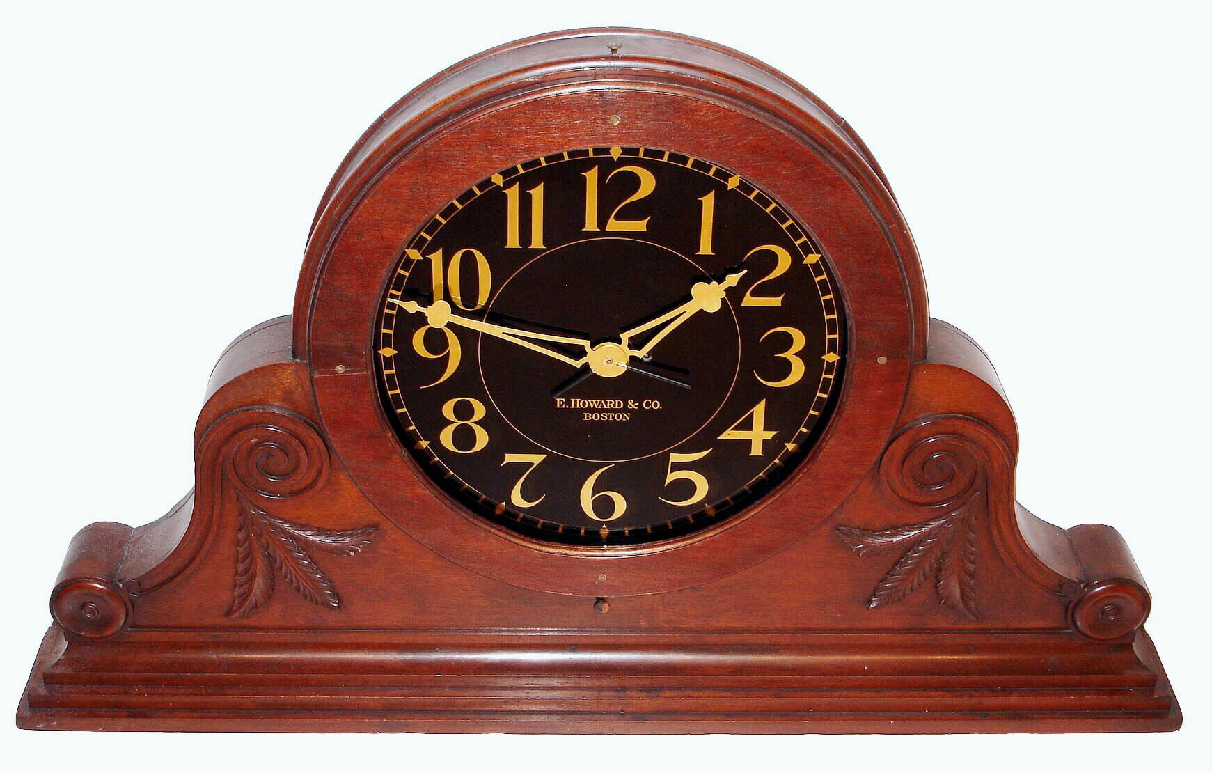 E. Howard &amp; Co., Boston, Mass., "No. 29 Gallery" clock, 8 days, time only, compounded weight driven movement with external slow / fast adjustment in a mahogany case with 24" reverse painted glass dial, c1930 — Antique Clocks Price Guide