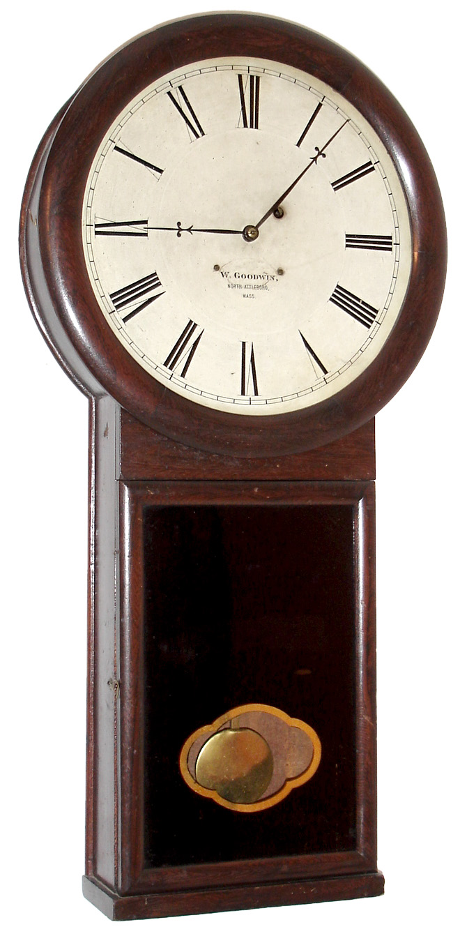 Wallace Goodwin, North Attleboro, Mass., wall clock, 8 days, time only, weight driven movement in a rosewood grained case with paper over metal dial and reverse painted tablet, c1860 — Antique Clocks Price Guide