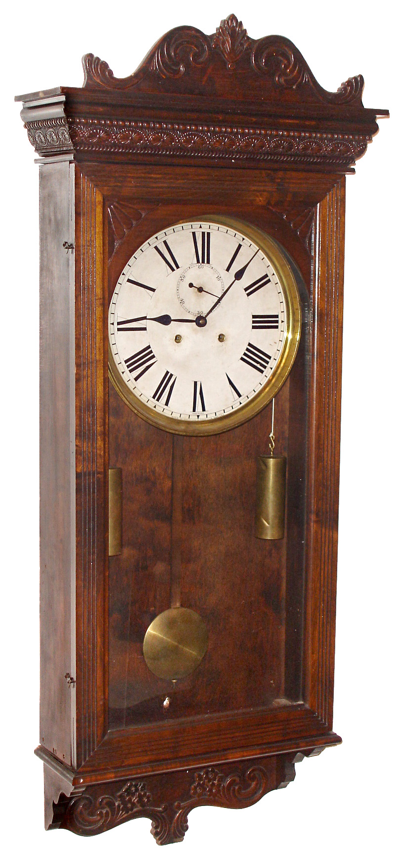 Sessions Clock Co., Forestville, Conn., "Regulator No. 5", wall clock, 8 days, time only, two brass weight driven movement in a mahogany finished case with a paper over metal dial, c1912 — Antique Clocks Price Guide