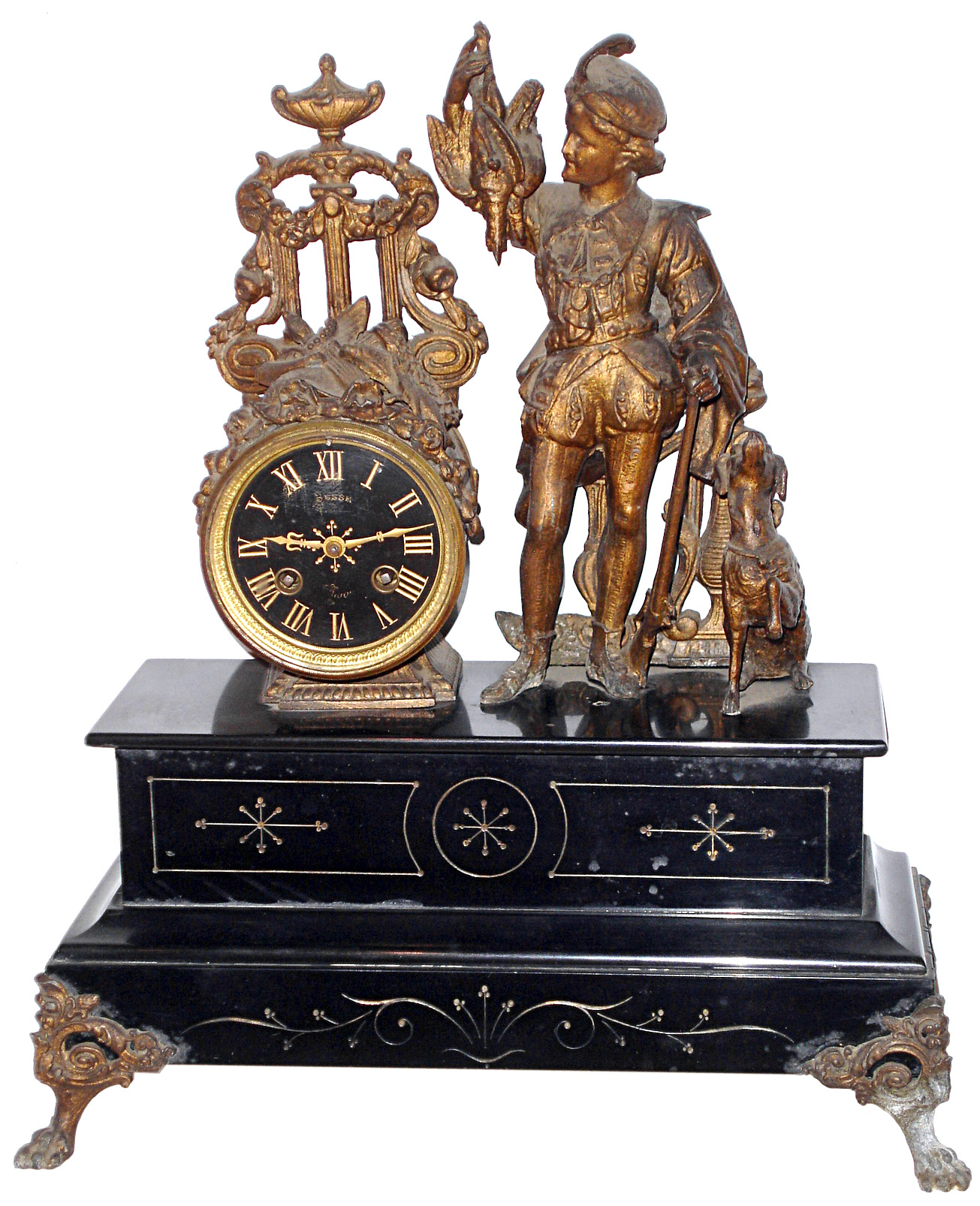 French marble and spelter figural 8 days, time and strike, mantel clock, c1890 — Antique Clocks Price Guide