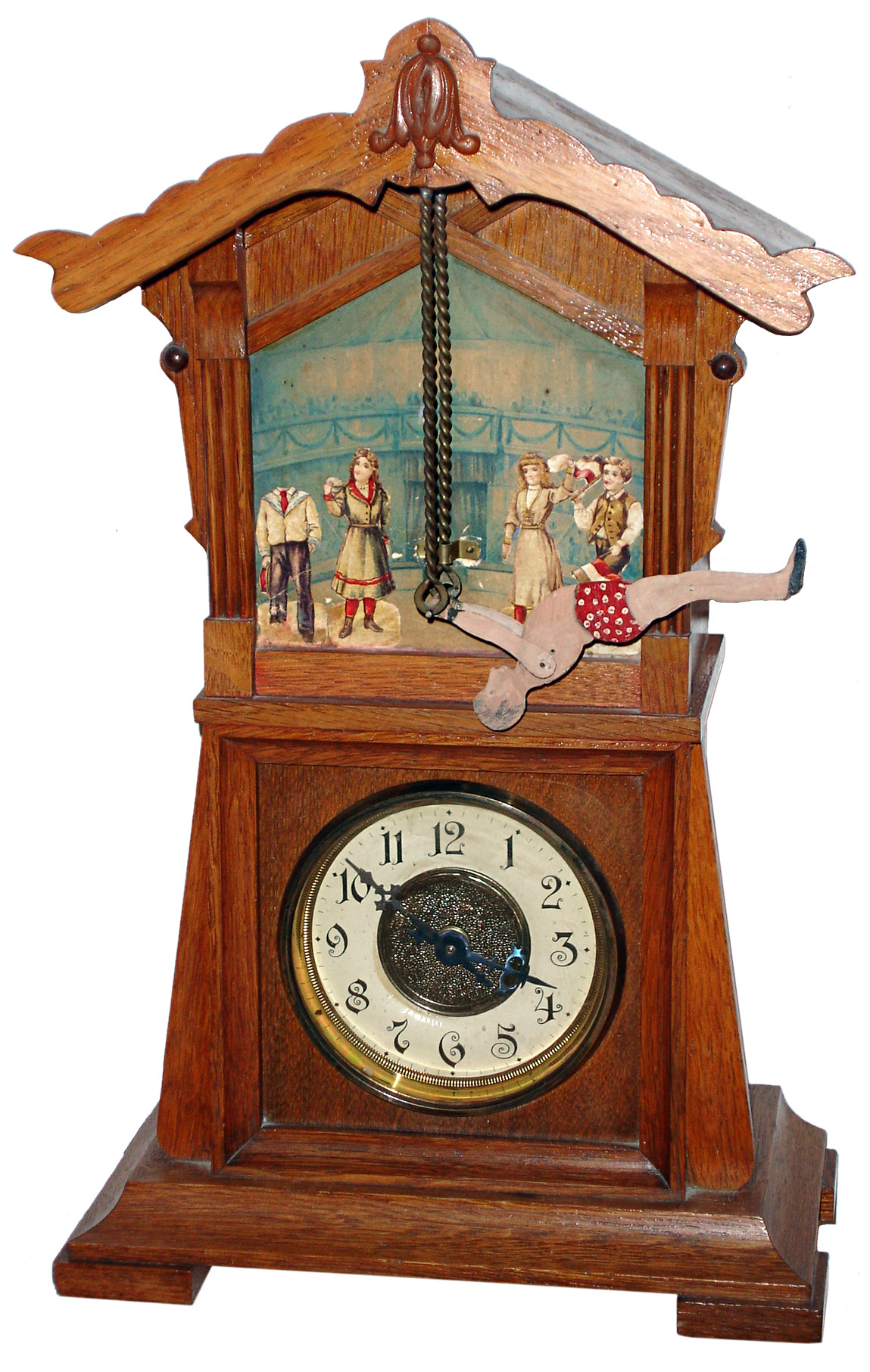 Junghans, Germany,  acrobat automaton oak 30 hours, shelf clock, c1900 — Antique Clocks Price Guide