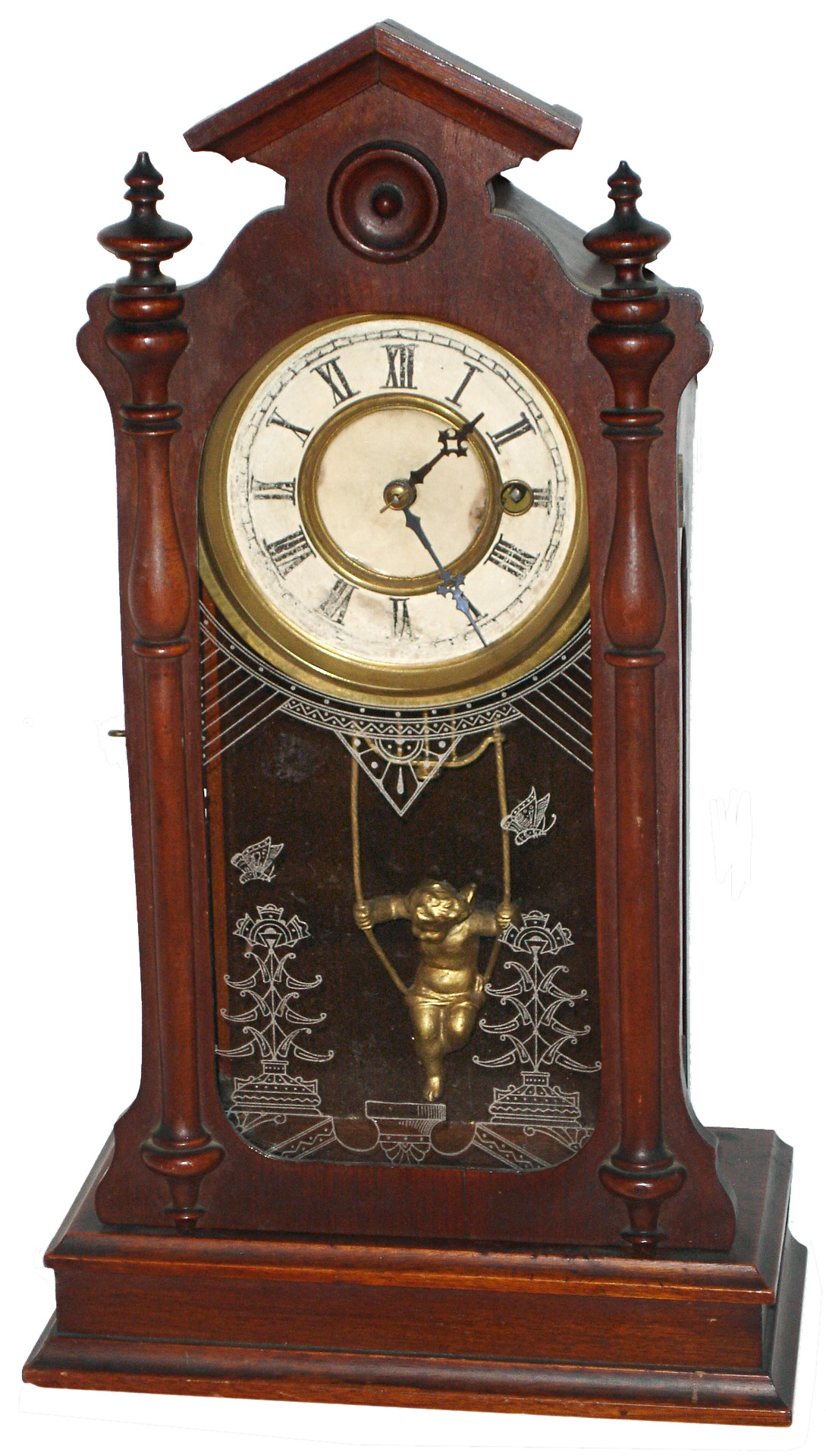F. Kroeber Clock Co., New York,  "Angel Swing No. 1" 8 days, time only, walnut shelf clock, c1878 — Antique Clocks Price Guide