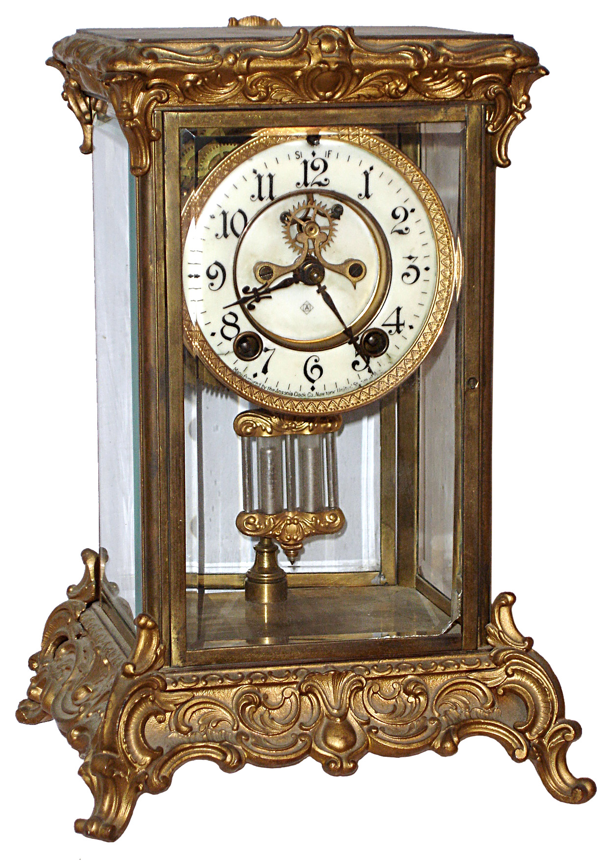 Ansonia Clock Co., Brooklyn, New York, "Peer" brass and beveled glass 8 days, time and strike, crystal regulator with visible escapement, c1914 — Antique Clocks Price Guide