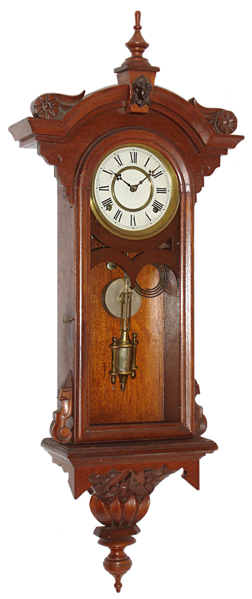Wm. L. Gilbert Clock Co., Winsted, Conn., carved walnut 8 days, time and strike, wall hanging clock, c1890 — Antique Clocks Price Guide
