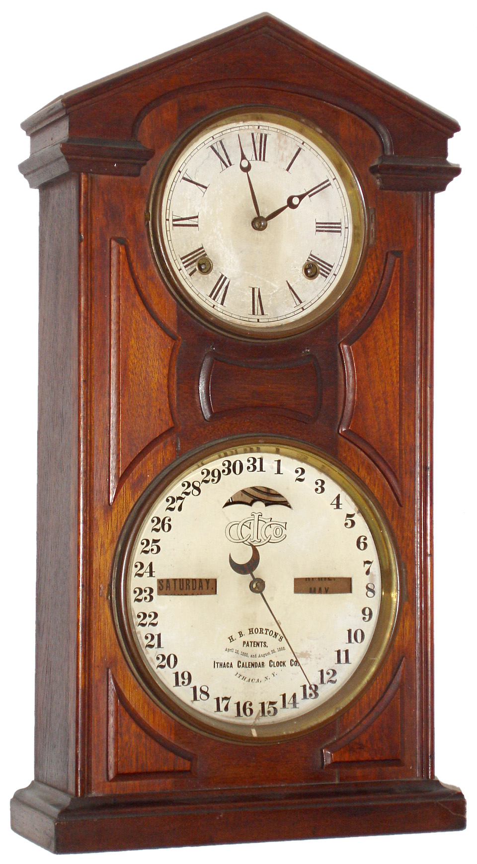 Ithaca Calendar Clock Co., Ithaca, New York "No. 7 Shelf Cottage" walnut double dial perpetual calendar 8 days, time and strike, spring driven shelf clock, c1874 — Antique Clocks Price Guide