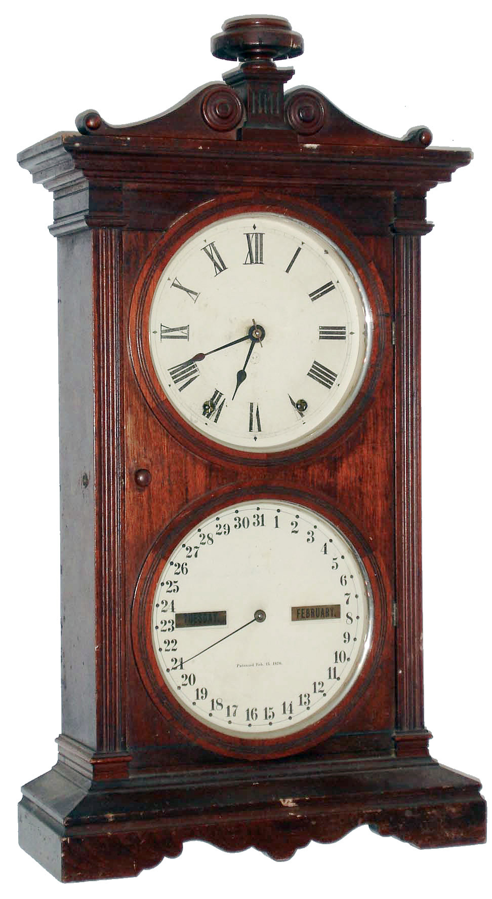 Seth Thomas Clock Co., Thomaston, Conn., "Parlor Calendar No. 6", walnut 8 days, time and strike, spring driven double dial shelf clock, dated 1881 — Antique Clocks Price Guide