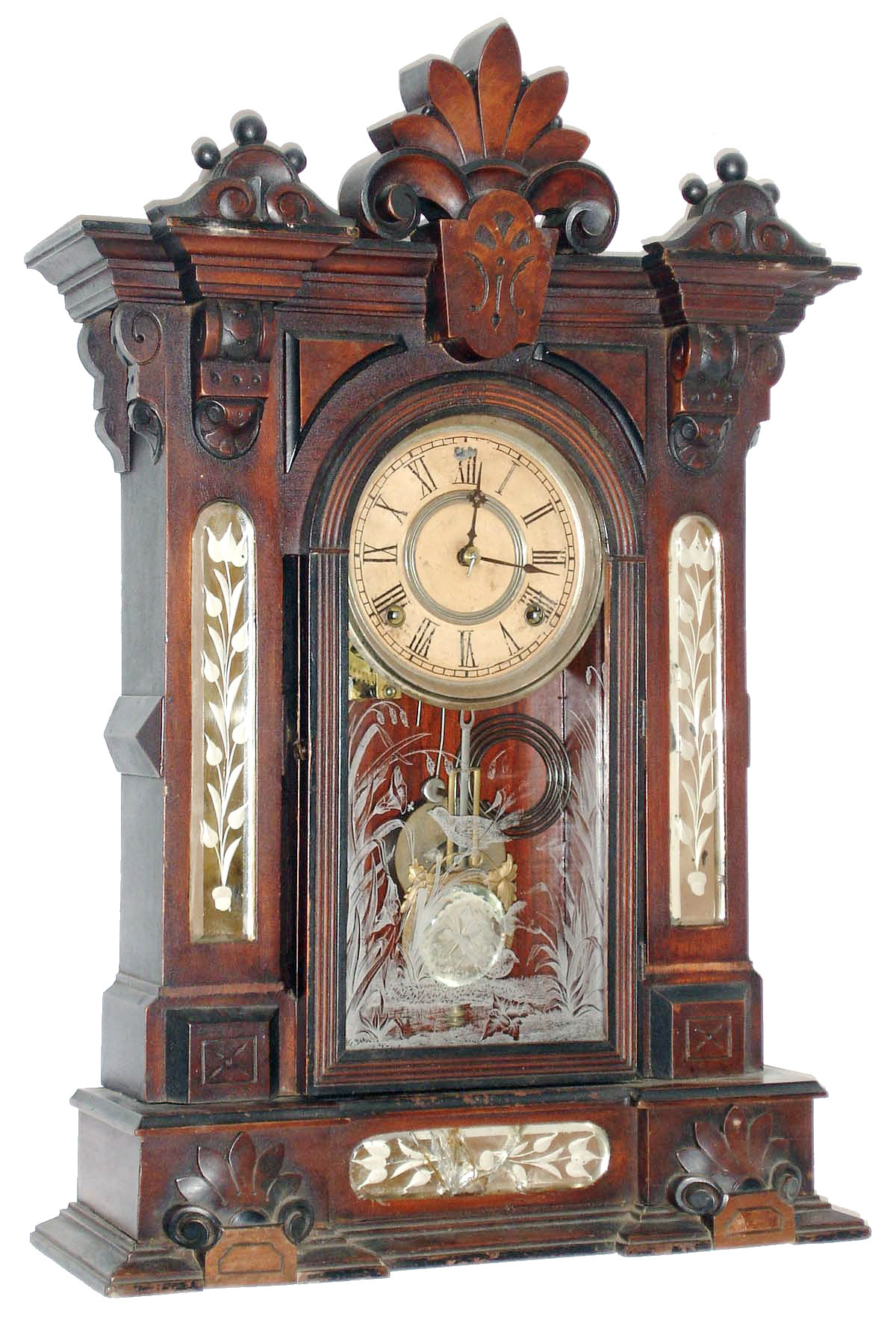 William L. Gilbert Clock Co., Winsted, Conn., "Amphion" walnut 8 days, time and strike, mantel clock, c1885 — Antique Clocks Price Guide