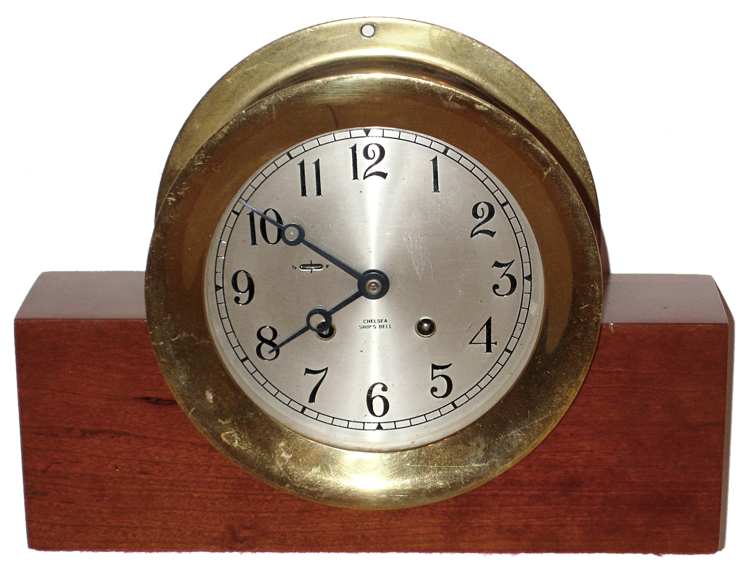 Chelsea Clock Co., Boston, Mass., brass on wood base  6" dial 8 days, ship's bells clock, c1953 — Antique Clocks Price Guide
