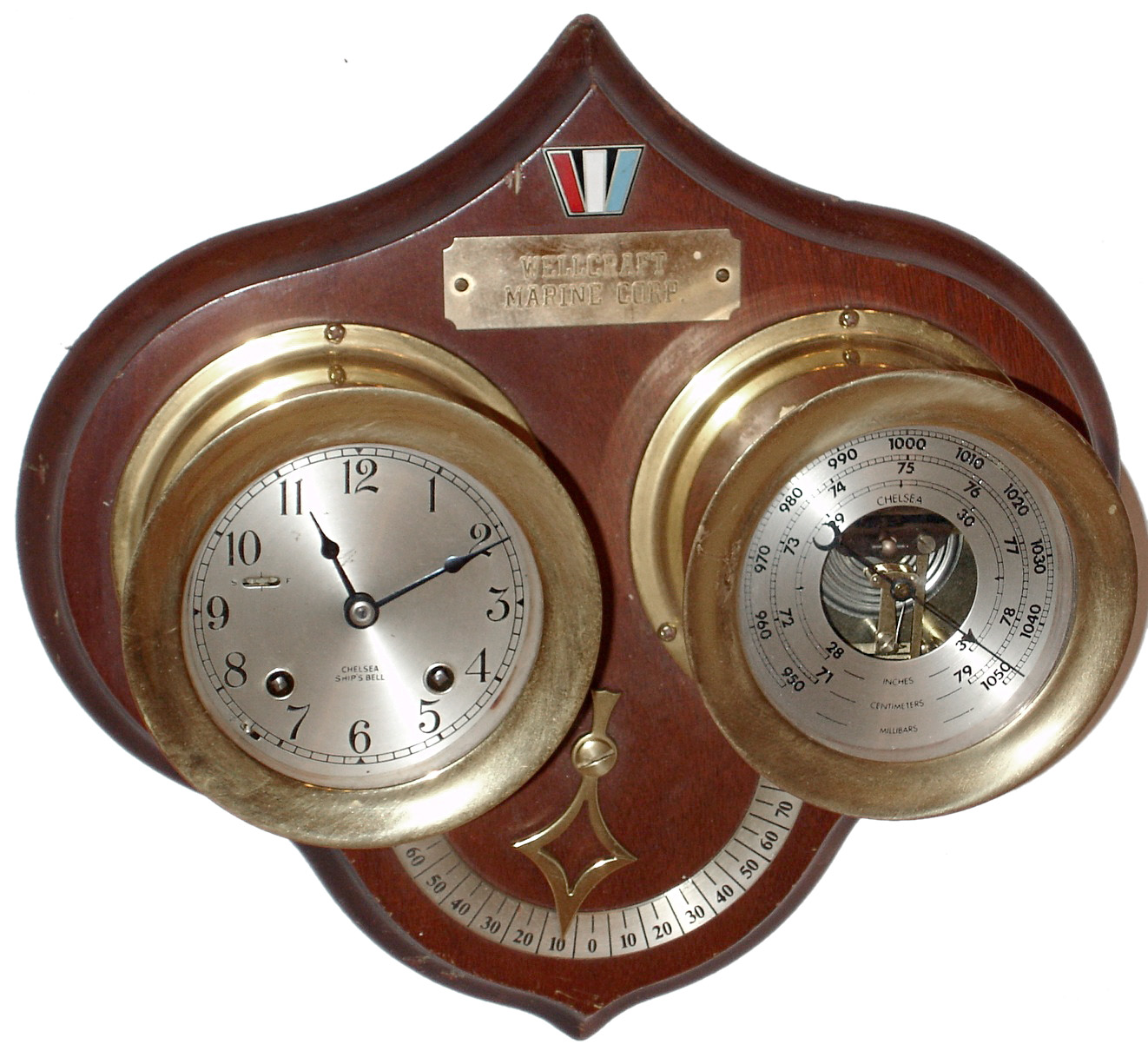 Chelsea Clock Co., Boston, Mass., brass marine set with 4" dials and screw bezels on mahogany "Wellcraft Marine Corp." board; 8 days, ship's bells clock; barometer; c1975 — Antique Clocks Price Guide
