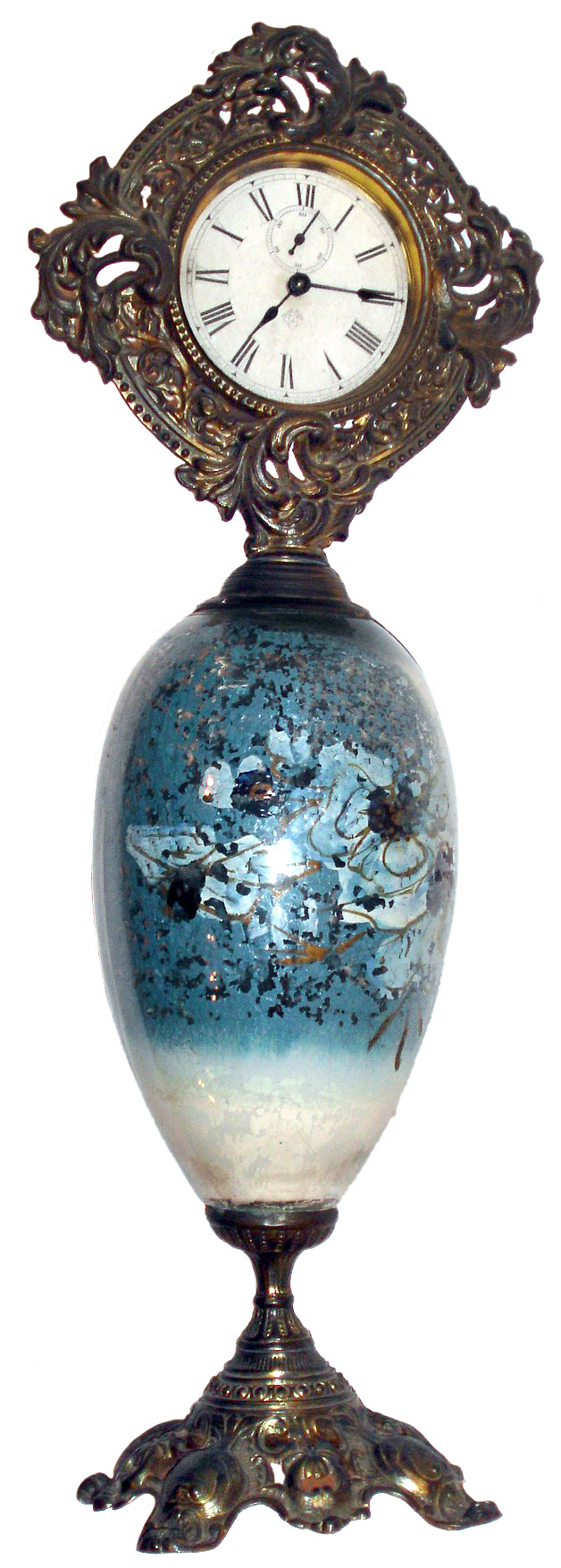 Ansonia Clock Co., New York, 30 hours, cast metal novelty timepiece with painted blown glass center, c1900 — Antique Clocks Price Guide