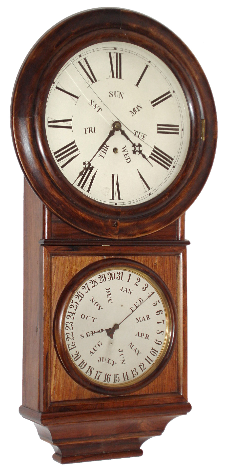 Welch, Spring and Co., Forestville, Conn., "No. 4 Round Head Regulator", rosewood 8 days, time only, double dial calendar wall clock, spring movement, c1878 — Antique Clocks Price Guide