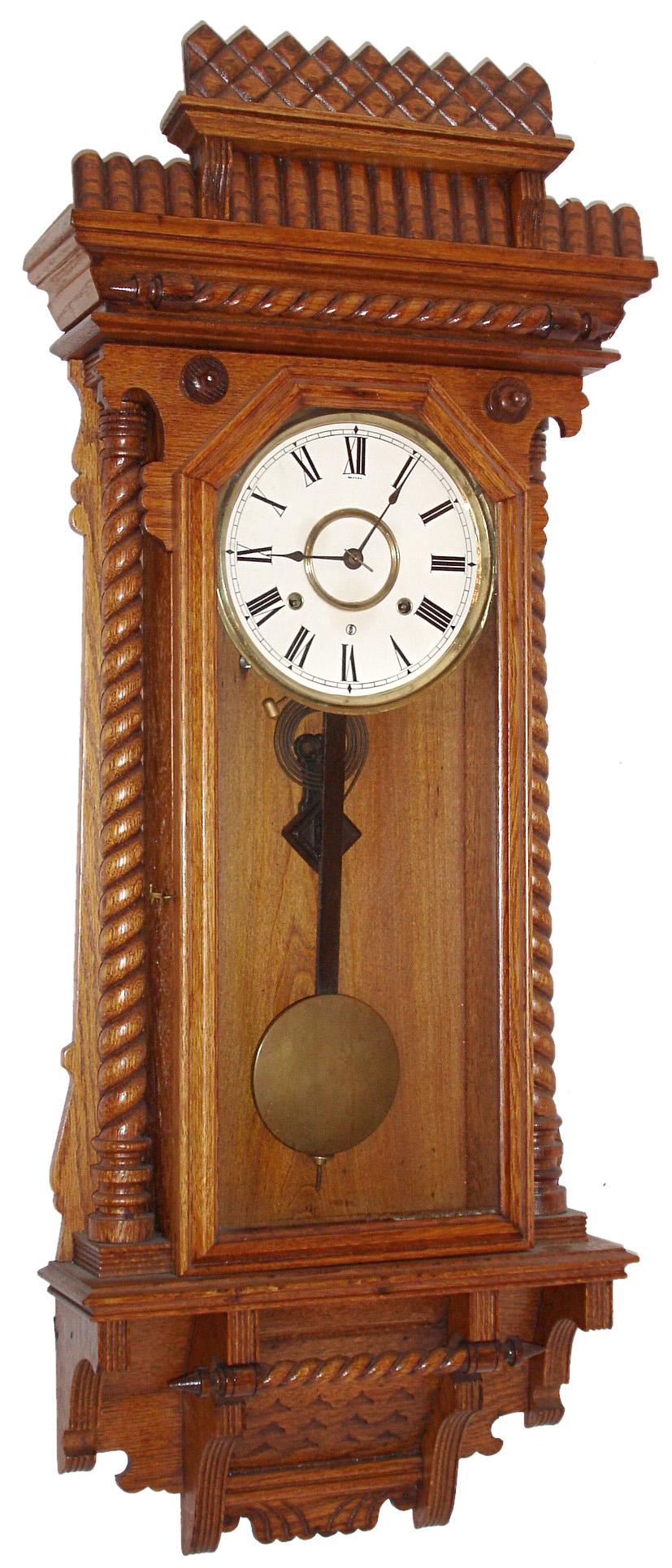 Ansonia Clock Co., Brooklyn, New York, "Queen Anne" oak 8 days, time and strike, spring driven wall clock, c1901 — Antique Clocks Price Guide