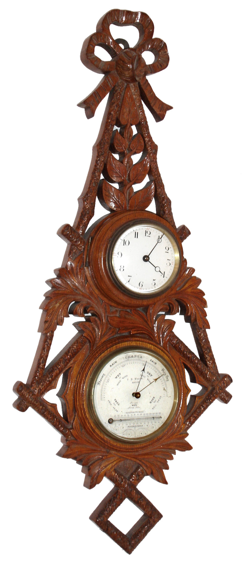French, for "J.B. Welch, Burslem" carved wood 8 days, timepiece and barometer wall hanging set, c1910 — Antique Clocks Price Guide