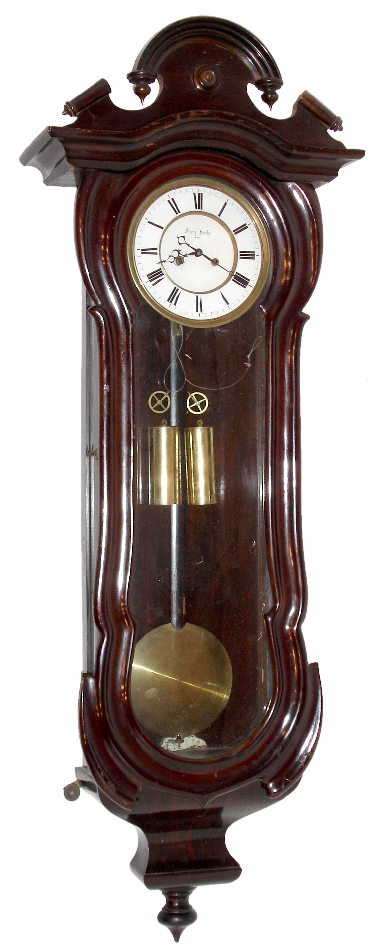 Austrian, dial signed "Franz Grofs, Wien", 8 days, time and strike, 2 weight walnut serpentine case Vienna regulator, c1880 — Antique Clocks Price Guide