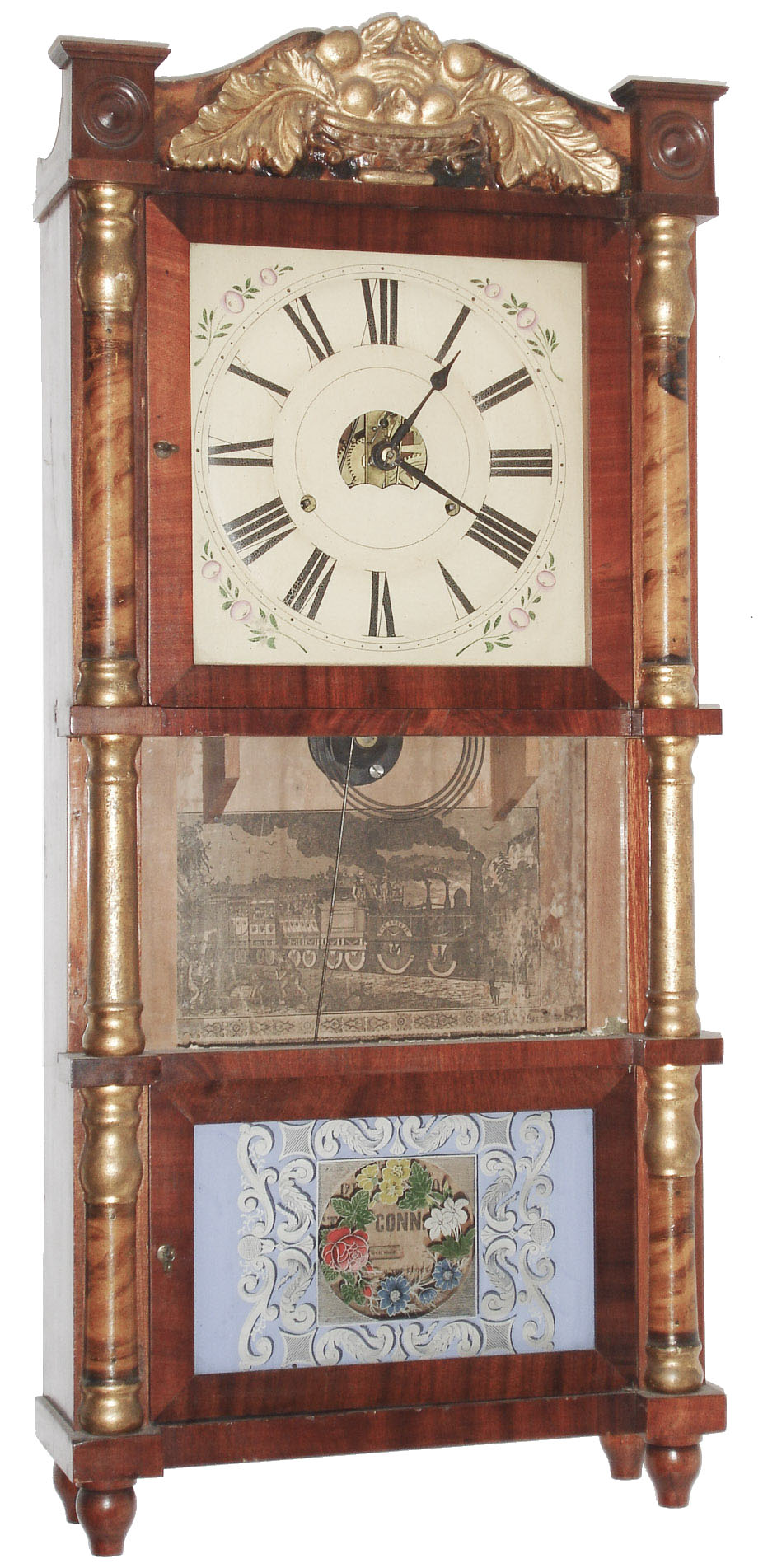 Birge, Peck and Co., Bristol, Conn., 8 day, time and strike, weight, triple decker shelf clock. c1850 — Antique Clocks Price Guide