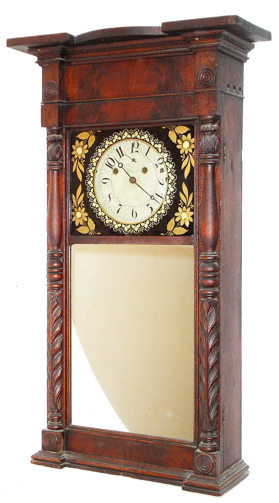 Munger &amp; Benedict, Auburn, NY, 8 day, time and strike, Mahogany ironing board top carved column shelf clock, c1832 — Antique Clocks Price Guide