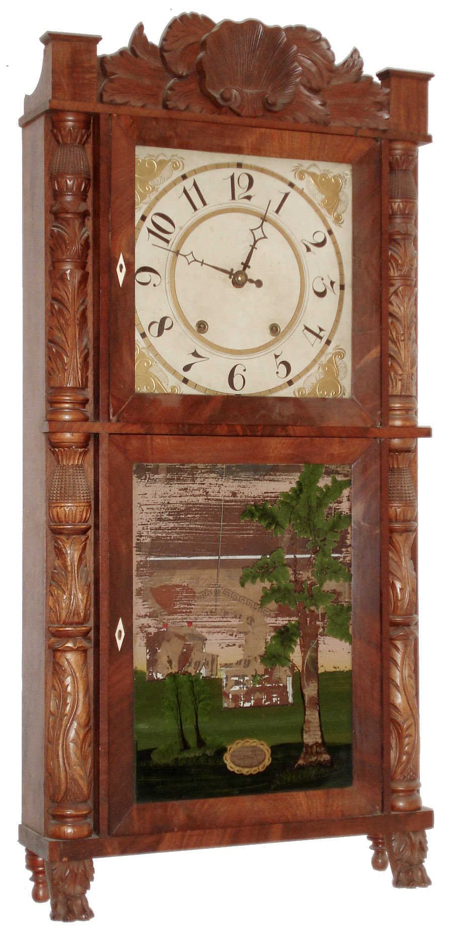 Eli Terry, Jr. &amp; Co., Terrysville, Conn., 8 day, time and strike, weight wood movement carved columns and splat shelf clock. c1835 — Antique Clocks Price Guide