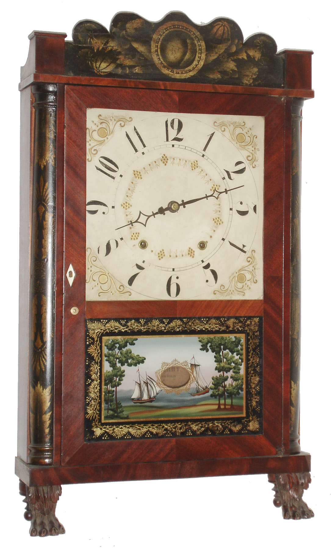 E. Terry &amp; Sons, Plymouth, Conn., 30 hour, time and strike, wood movement quarter column shelf clock, c1830 — Antique Clocks Price Guide