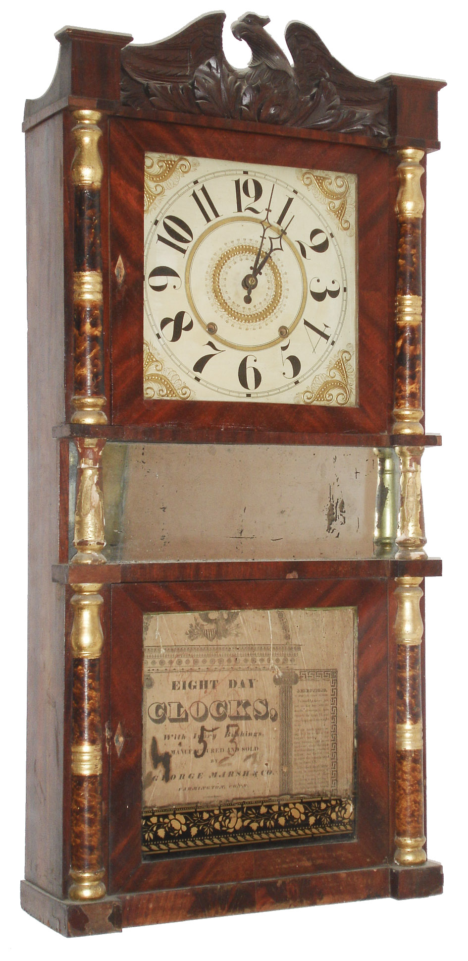 George Marsh &amp; Co., Farmington, Conn., 8 day, time and strike, weight wood movement triple decker shelf clock. c1834 — Antique Clocks Price Guide