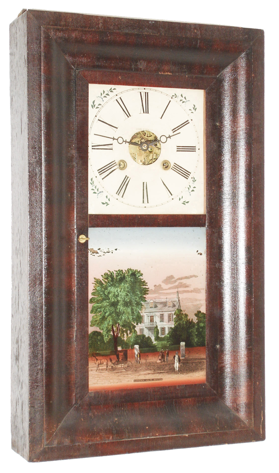 Connecticut Clock Co., 54 John Street, New York, 30 hour, time and strike, mahogany veneer OG shelf clock. c1855 — Antique Clocks Price Guide