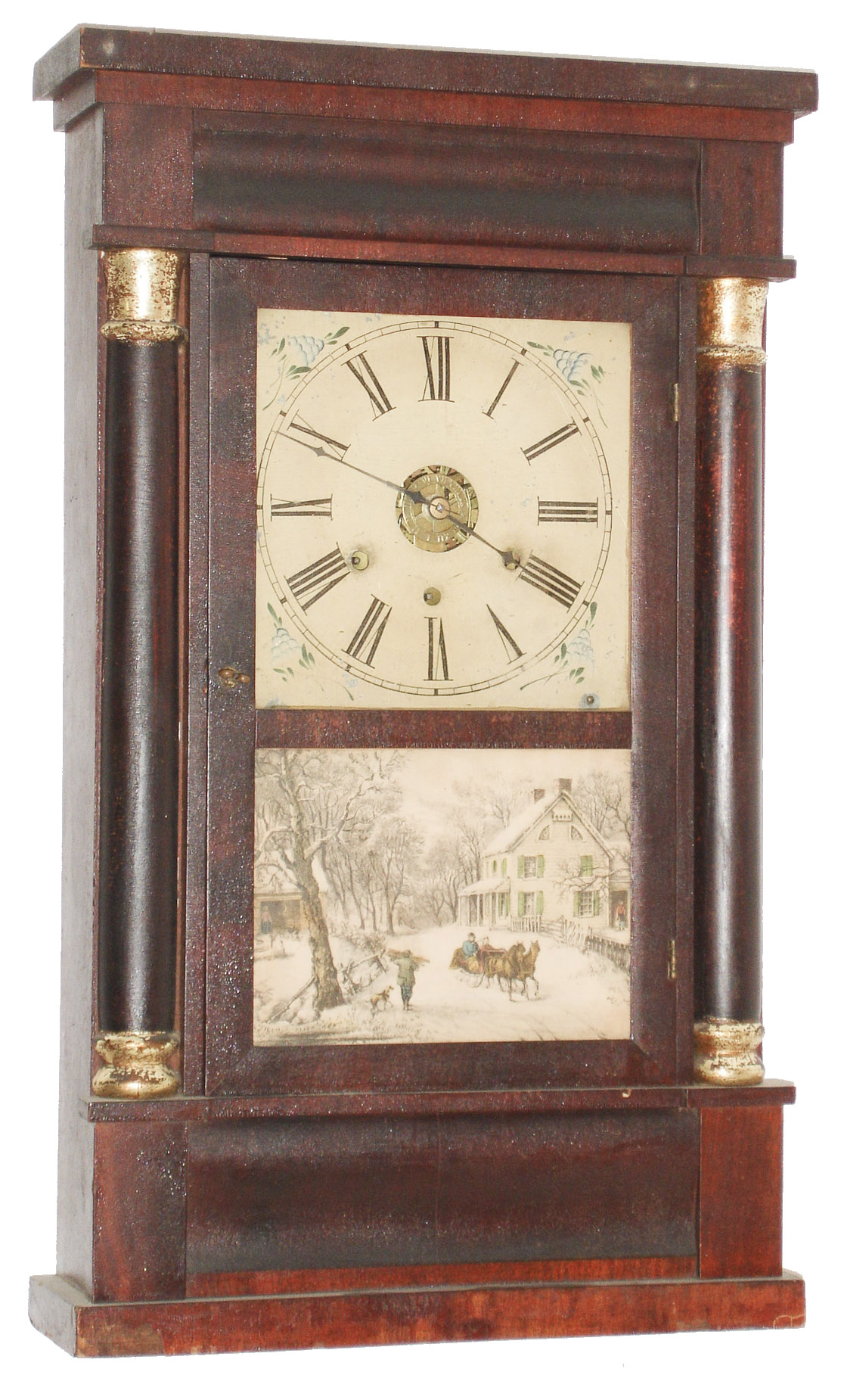 Chauncey Jerome, New Haven, Conn., 30 hour, time and strike, and alarm, mahogany veneer column clock with OG top and bottom molding. c1852 — Antique Clocks Price Guide