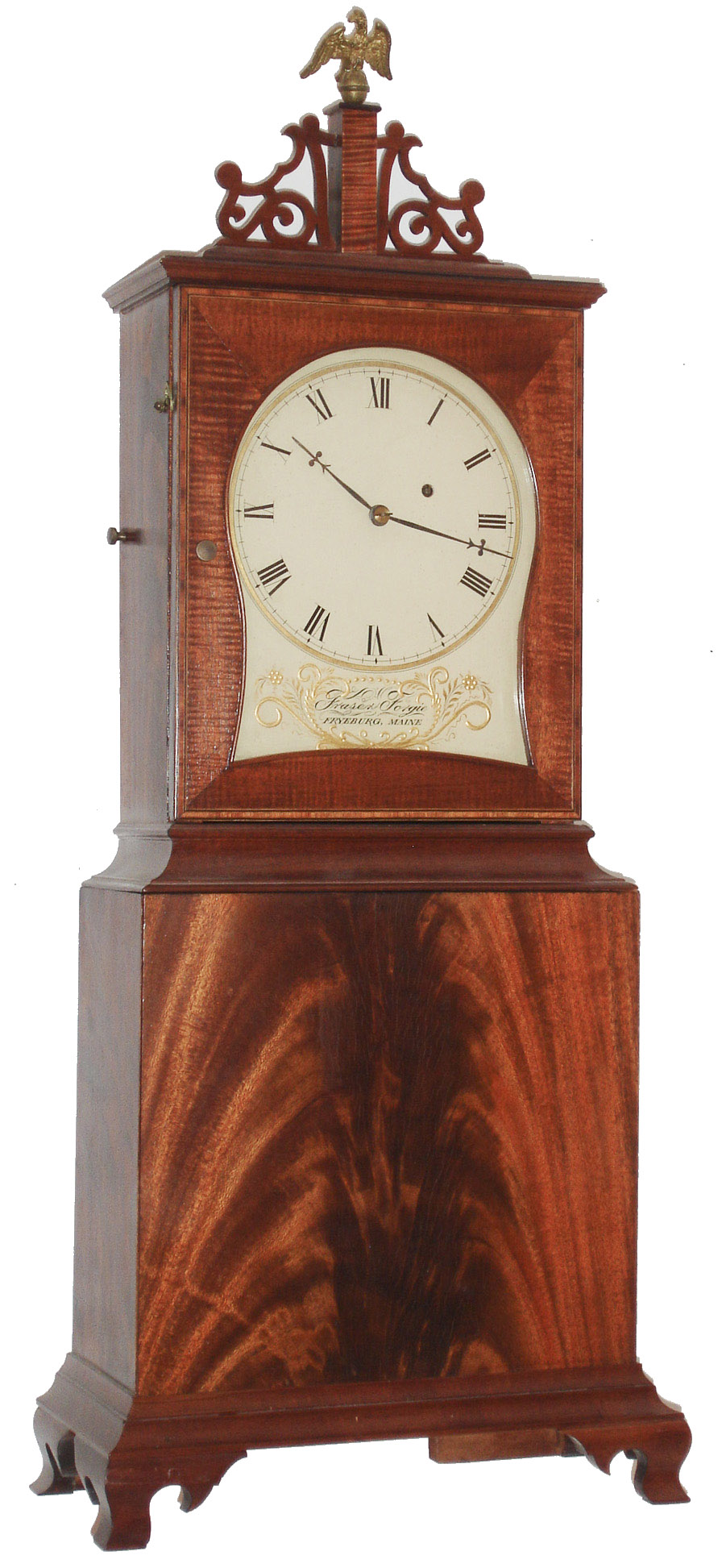 Fraser Forgie, Fryeburg, Maine, 8 day, Mahogany reproduction of a Mass. shelf timepiece. Mr. Forgie made this entire timepiece including the movement, dial  and case  c1990 — Antique Clocks Price Guide