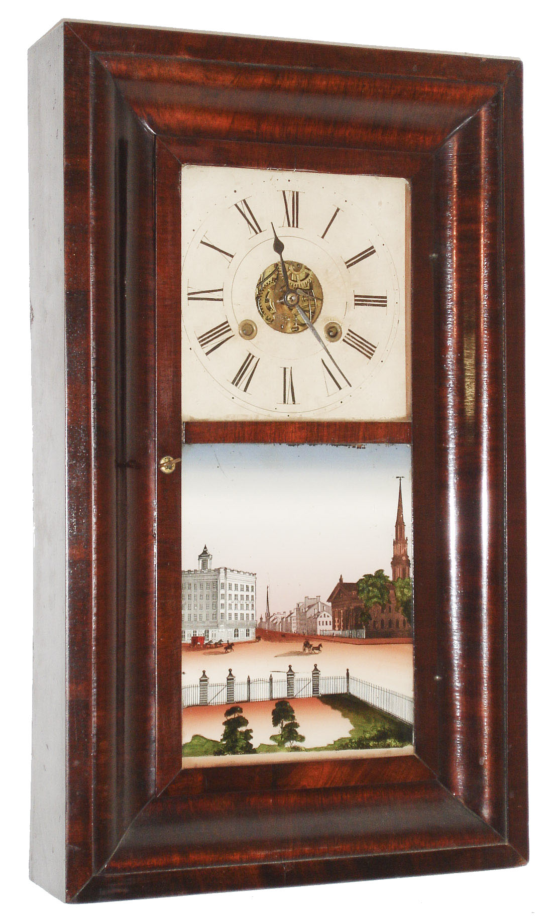 The Narragansett Clock Co., New York, 30 hour, time and strike, Davies Patent brass movement OG shelf clock.  The building shown in the tablet is New York's first museum, The American Museum.  It was later used by P.T. Barnum, c1846 — Antique Clocks Price Guide