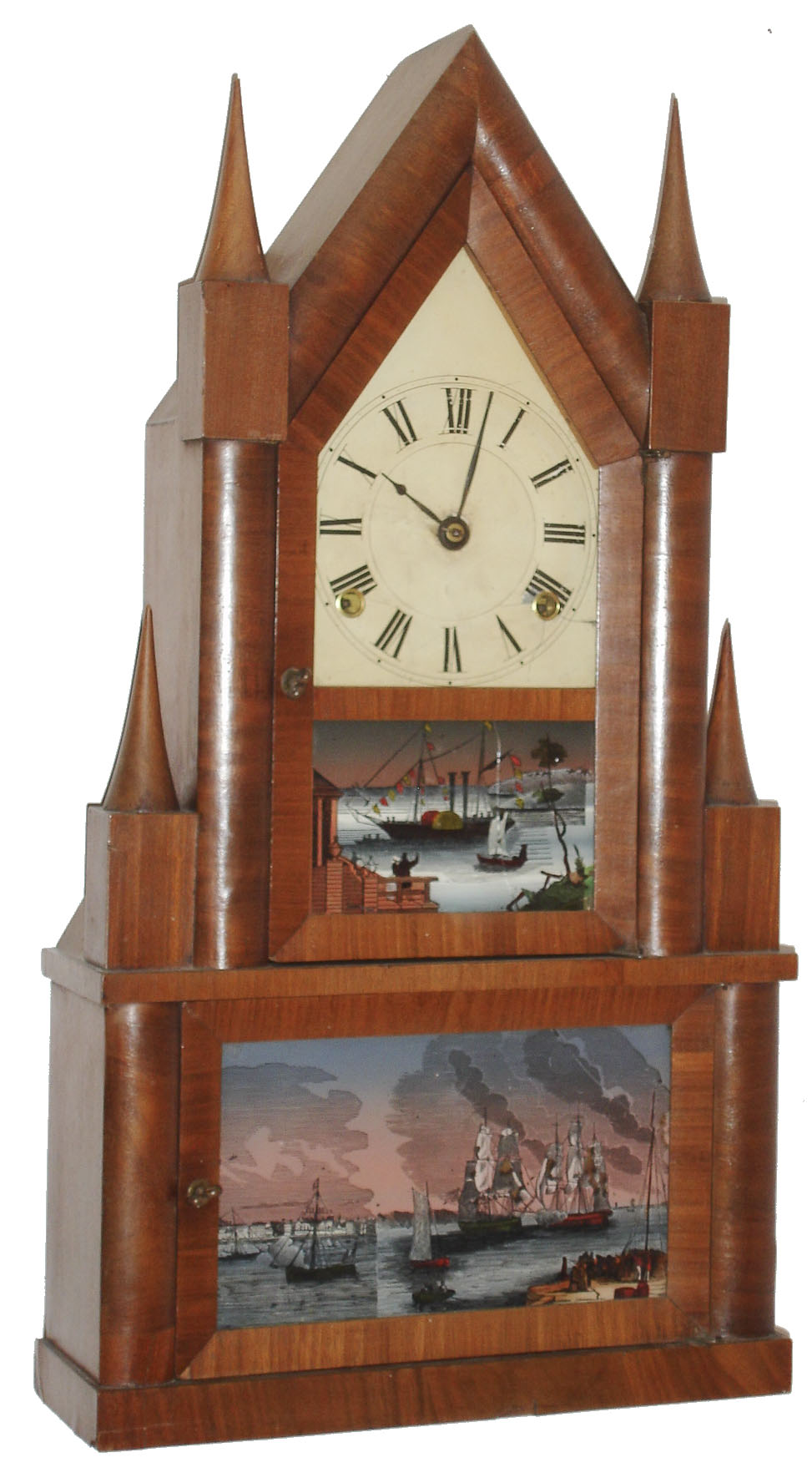 Elisha Manross, Bristol, Conn., 8 day, time and strike, fusee strap brass movement double steeple shelf clock, c1845 — Antique Clocks Price Guide