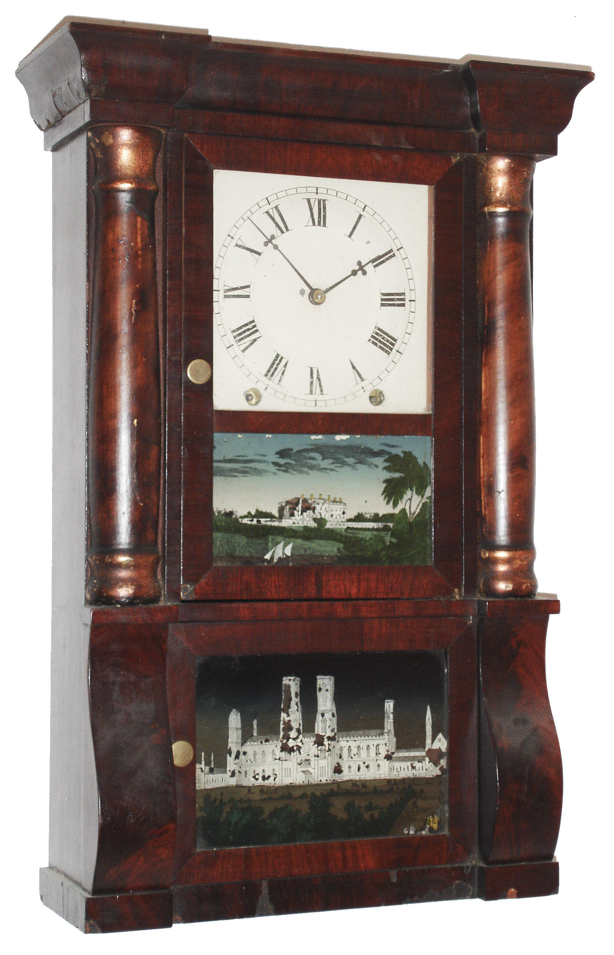 E. O. Goodwin, Bristol, Conn., 8 day, time and strike, miniature mahogany column and cornice shelf clock, c1850 — Antique Clocks Price Guide