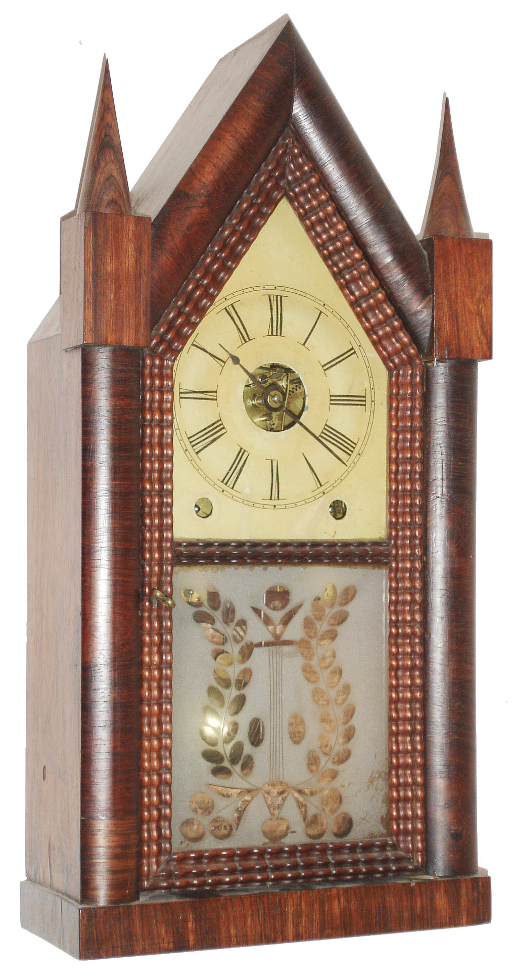 Daniel Pratt, Jr. Reading, MA, 8 day, time and strike, rosewood veneer and ripple molding steeple shelf clock, c1850, — Antique Clocks Price Guide