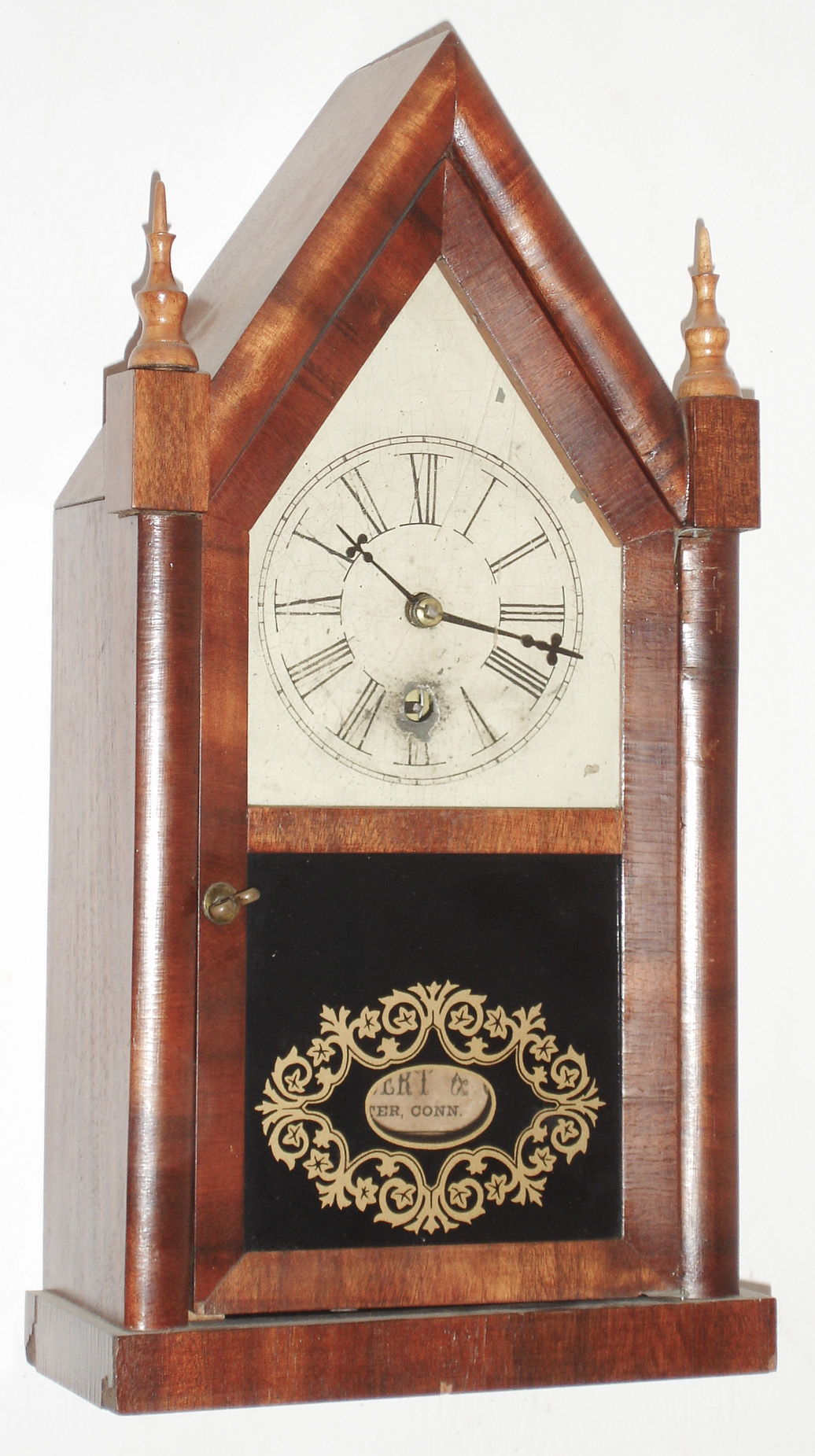William L. Gilbert Clock Co., Winsted, Conn., 30 hour, mahogany veneer miniature steeple timepiece, c1860 — Antique Clocks Price Guide