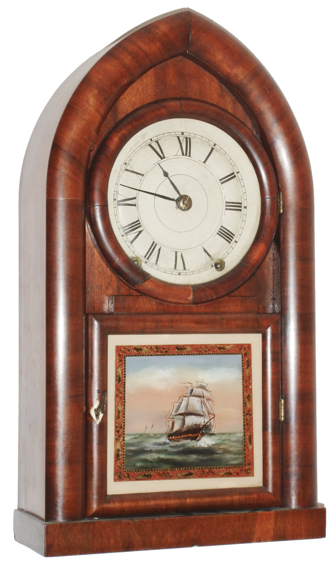 Brewster and Ingrahams, Bristol, Conn., 8 day, time and strike, mahogany veneer beehive mantel clock. c1850. — Antique Clocks Price Guide