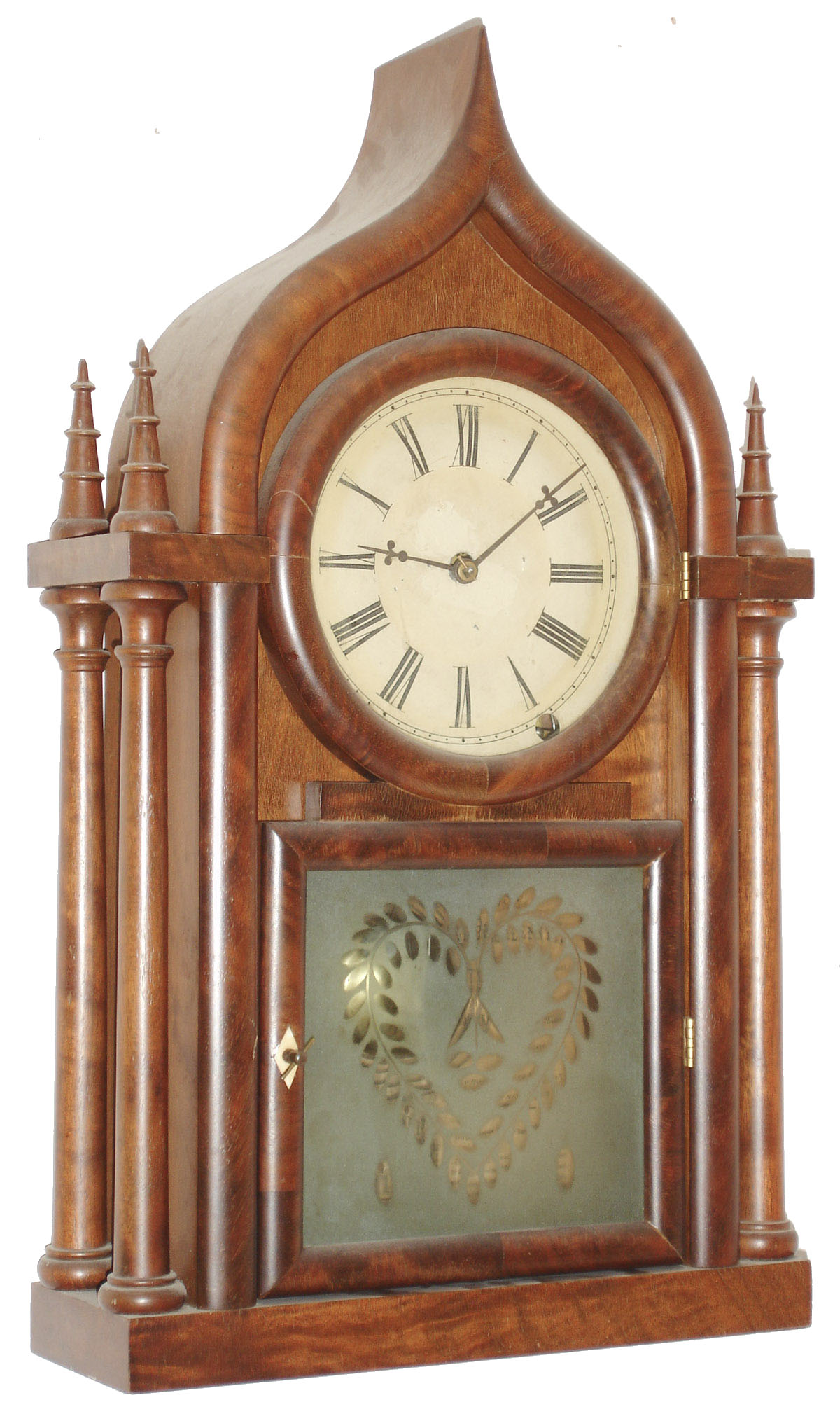 J. J Beals &amp; Sons, Boston, Mass., 8 day, time and strike, four column onion top shelf clock. c1850 — Antique Clocks Price Guide
