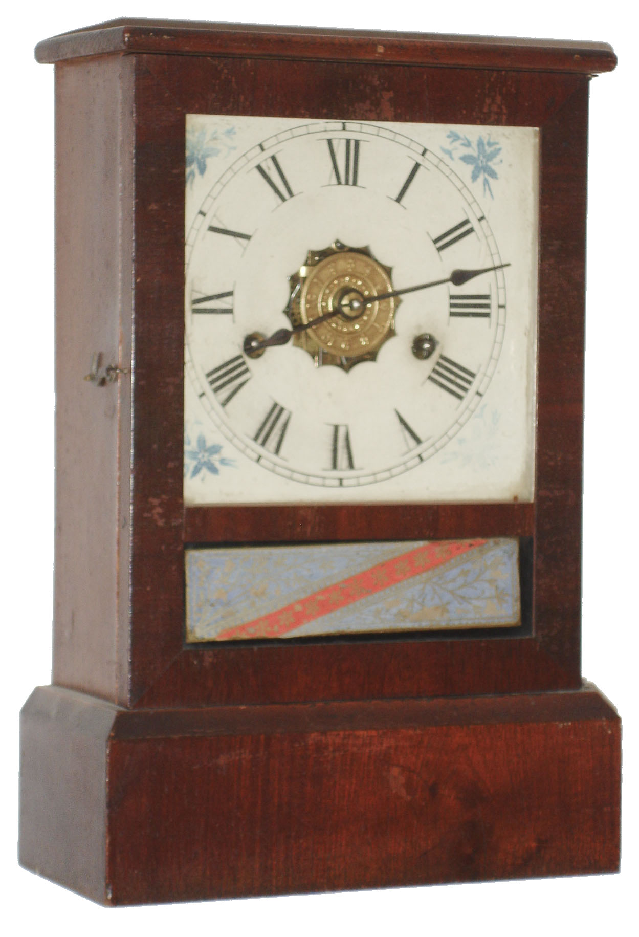 Jerome &amp; Co., New Haven, Conn., 30 hour, time and strike, and alarm, mahogany veneer cottage clock. c1875 — Antique Clocks Price Guide