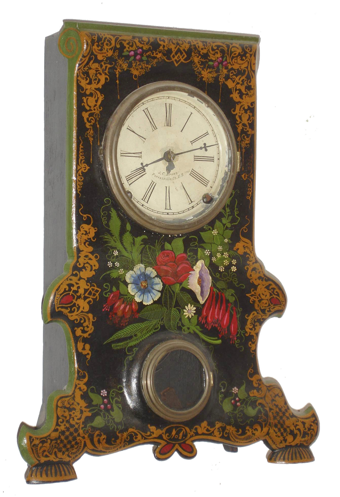 J. C. Brown, Forestville, Conn., 8 day, time and strike, painted iron front shelf clock, c1845 — Antique Clocks Price Guide