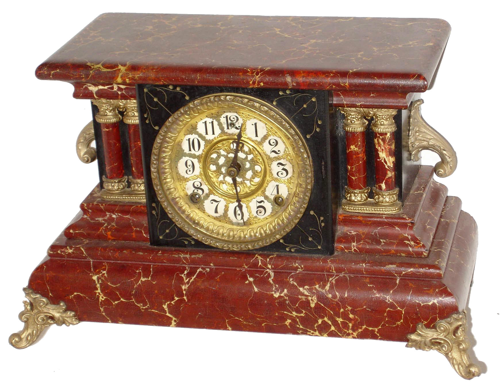 William L. Gilbert Clock Co., Winsted, Conn., "Blackbird" variant, 8 day, time and strike, marbleized enameled mantel clock. This clock looks to a variation on the Blackbird model with different hardware, c1904 — Antique Clocks Price Guide