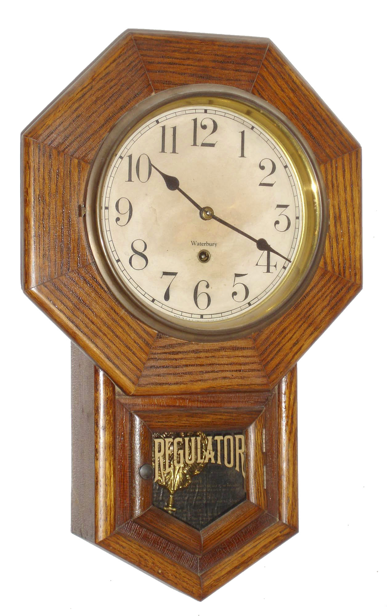 Clocks- 2 (Two): Waterbury Clock Co., "8 Inch Drop", 8 day, oak case school house type wall timepiece, c1910 and a Seth Thomas Clock Co., "Nursery" spring driven wall clock with painted wooden dial depicting circus animals — Antique Clocks Price Guide