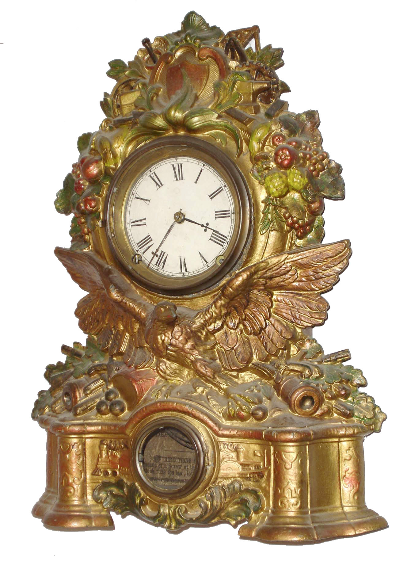 Bristol Brass &amp; Clock Co., New York, 8 day, time and strike, Nicholas Muller No. 54 iron front shelf clock.  Another example of this clock appears in "Two Hundred Years of American Clocks and Watches by Chris Bailey", pg 154, c1860 — Antique Clocks Price Guide