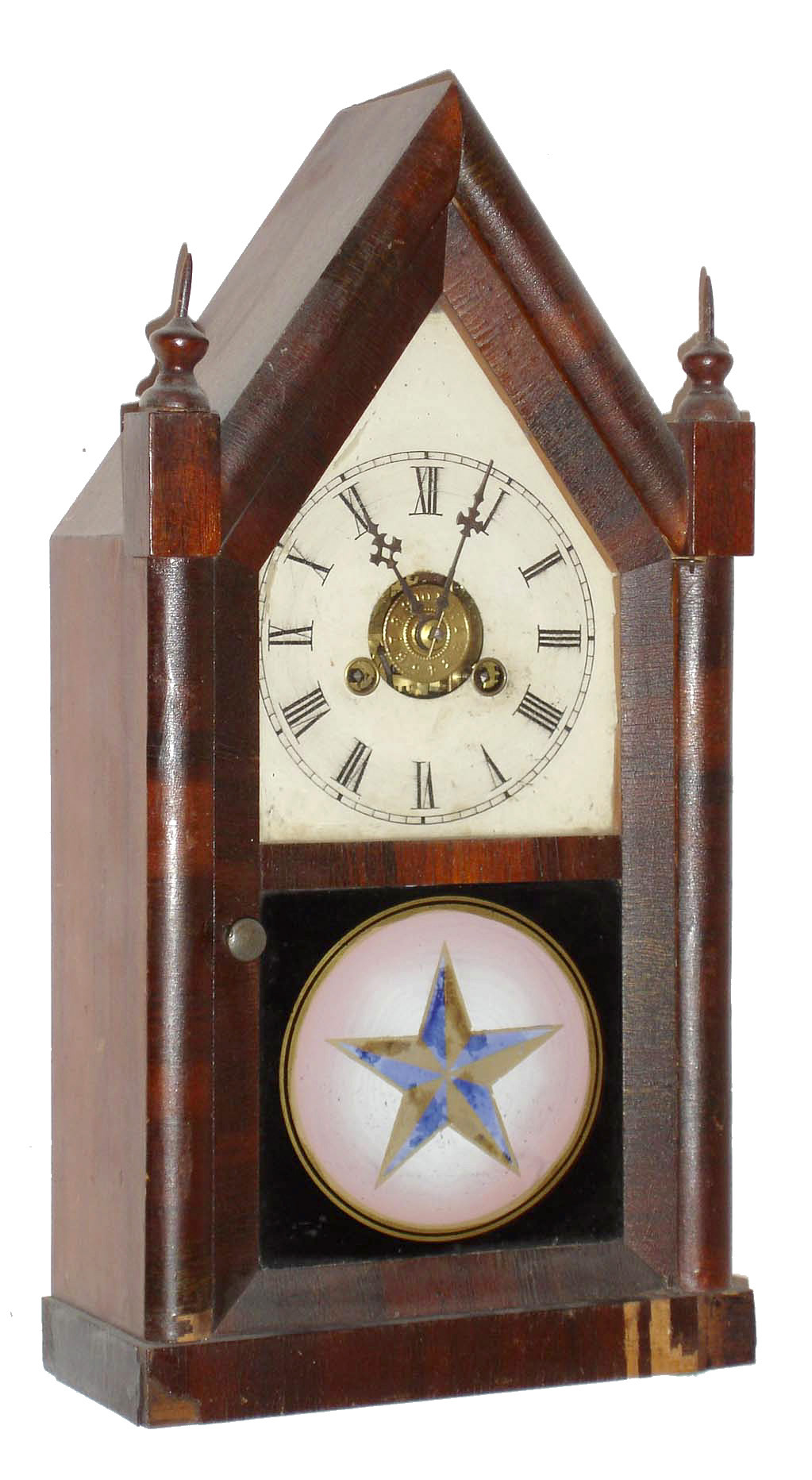 Jerome &amp; Co., New Haven, Conn., 30 hour, time and alarm, mahogany and rosewood veneered miniature steeple timepiece, c1865 — Antique Clocks Price Guide