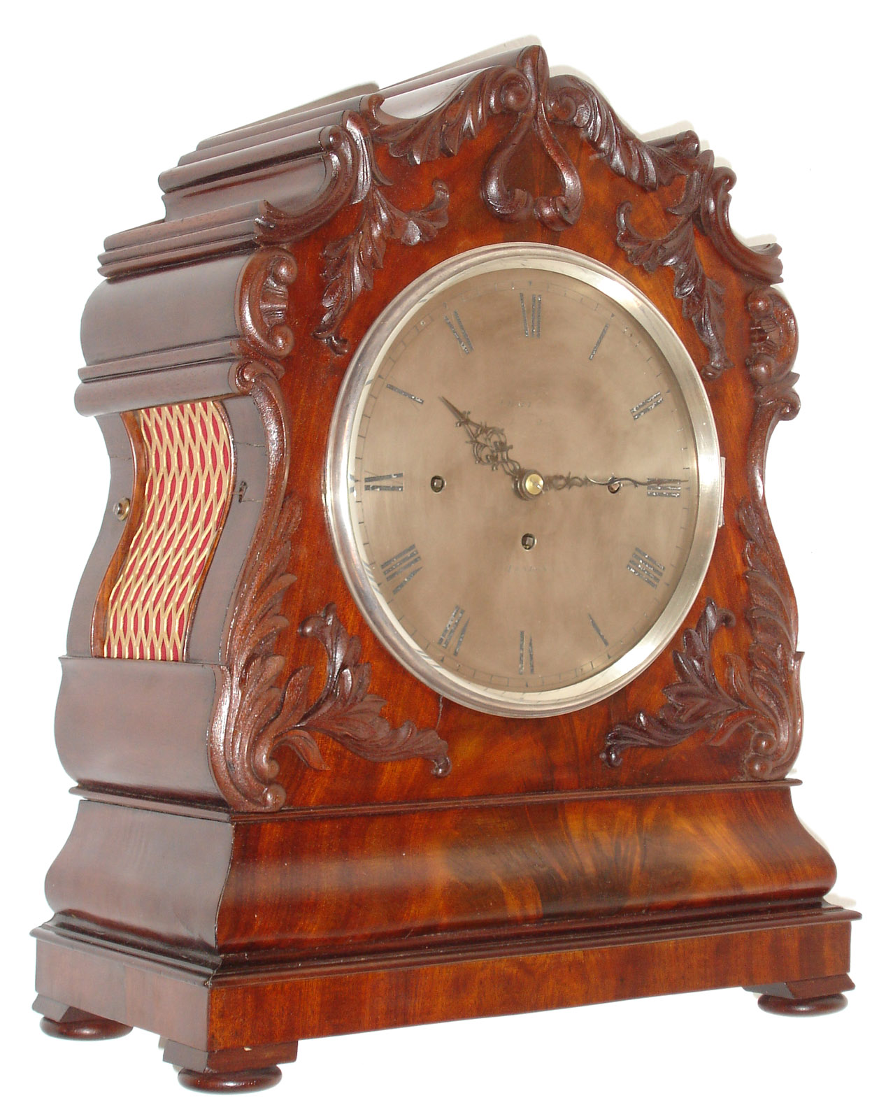 Thomas Hart and Co., London, England, 31 Bevis. Marks, bracket clock, 8 day, time, quarter strike and chime on 8 bells, spring driven triple fusee movement in a mahogany and mahogany veneer case with silvered metal dial, c1835 — Antique Clocks Price Guide