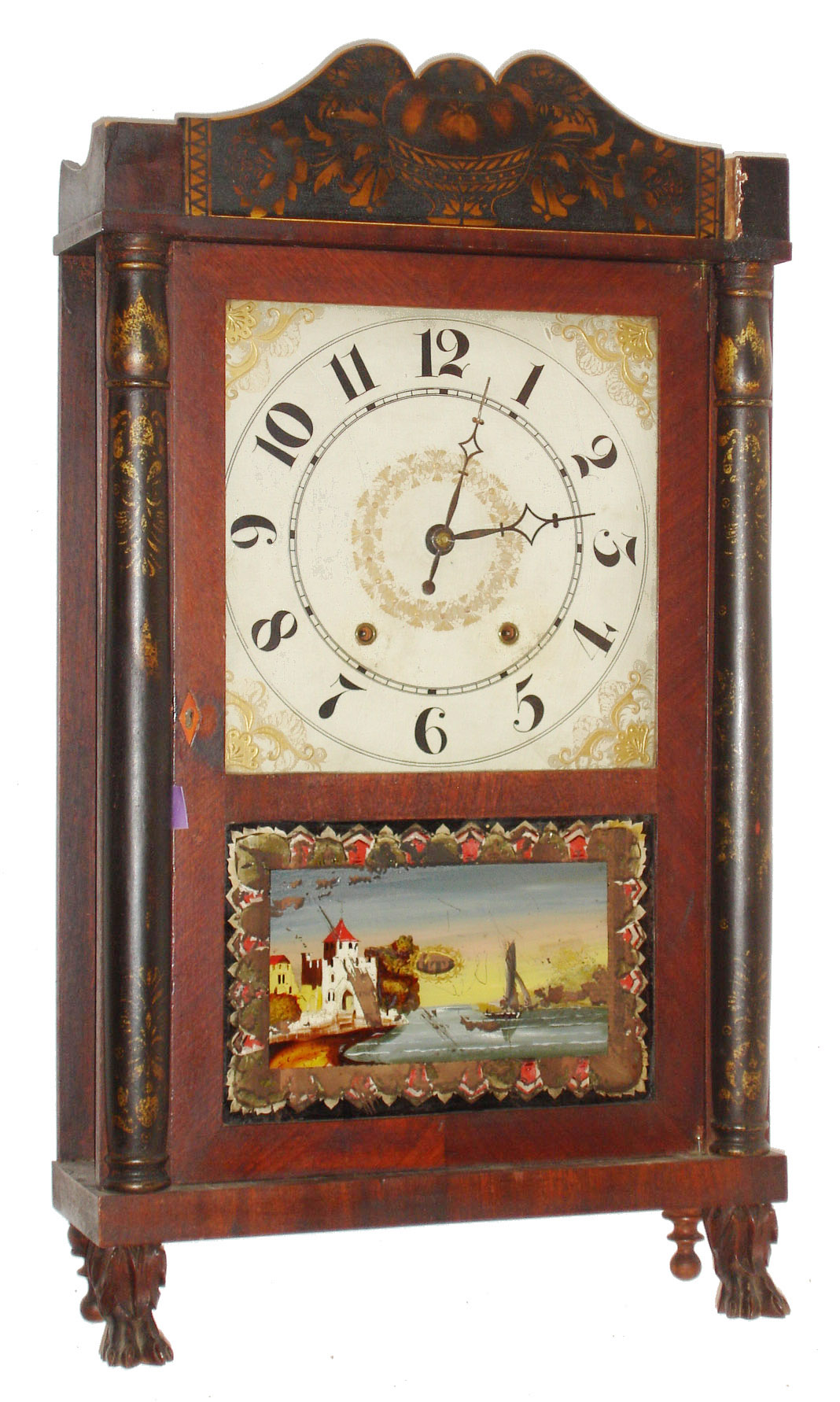 Riley Whiting, Winchester, Conn., 30 hour, time and strike, weight, wood movement half column and splat shelf clock, c1830 — Antique Clocks Price Guide