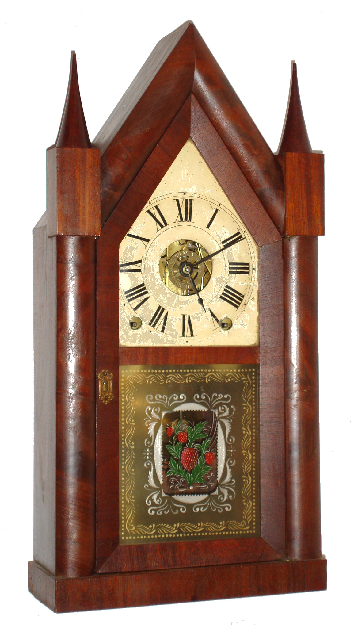 Terry and Andrews, Bristol, Conn., 8 day, time and strike, and alarm, mahogany veneered steeple clock, c1850. — Antique Clocks Price Guide