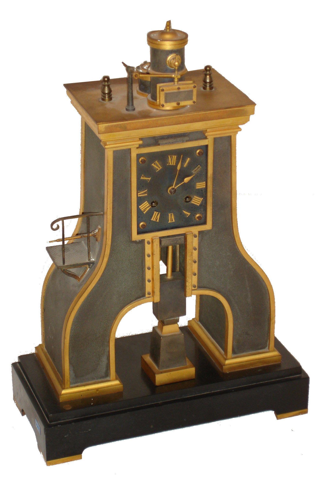 French Industrial clock by Guilmet, "Steam Hammer", with gilt and patinated bronze case on a black slate base with gilt feet, the hammer forming part of the pendulum, rising and falling to strike the anvil as the clock ticks, 8 days, time and strike, movement signed Japy Freres, counting the hours and striking the half hour on a bell, also with Guilmets mark on the back plate, dial with applied gilt Roman numerals, with gilt spade hands, c1880 — Antique Clocks Price Guide