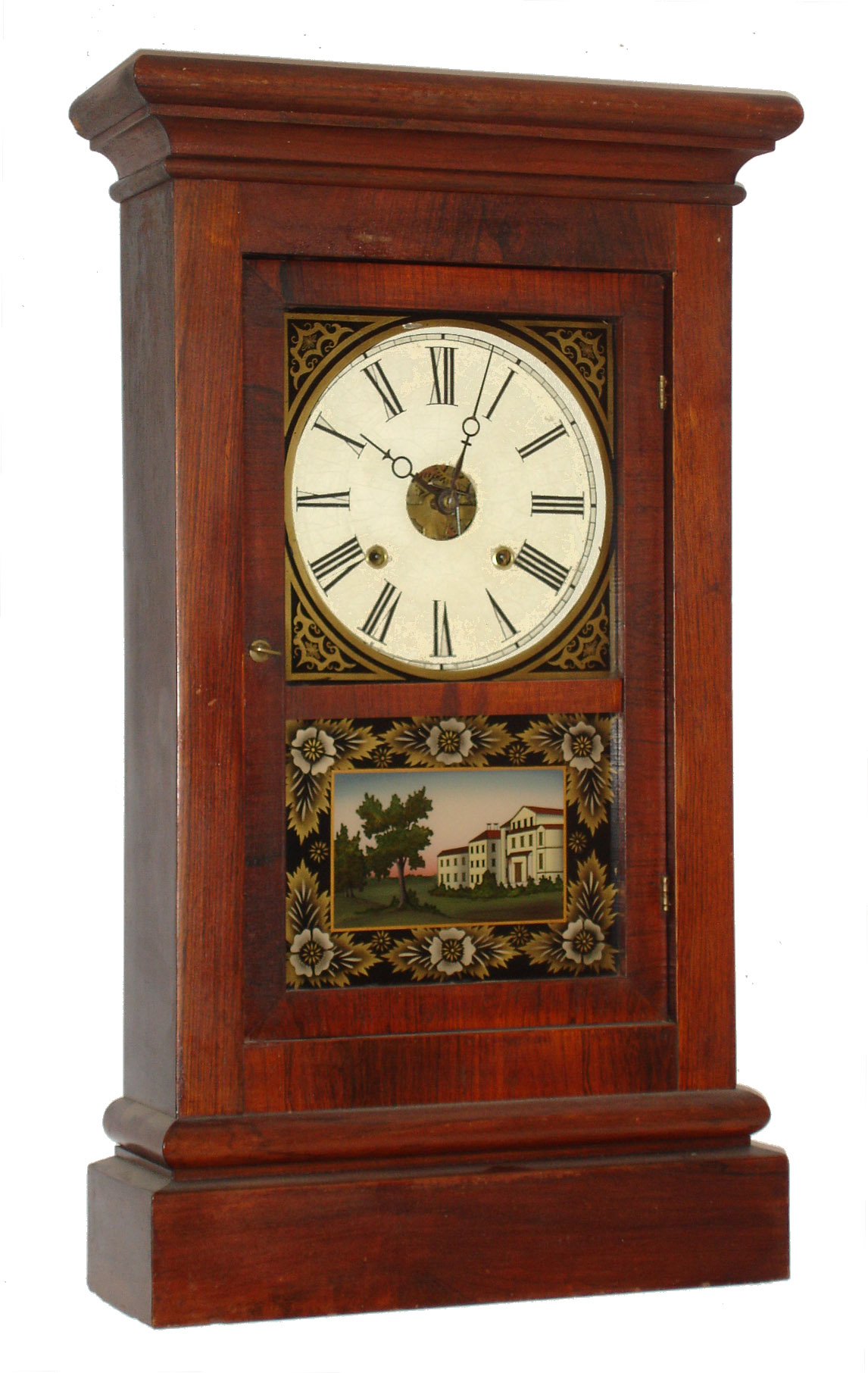 Waterbury Clock Co., Waterbury, Conn., 30 hour, time and strike, weight rosewood veneered cornice shelf clock. c1865 — Antique Clocks Price Guide