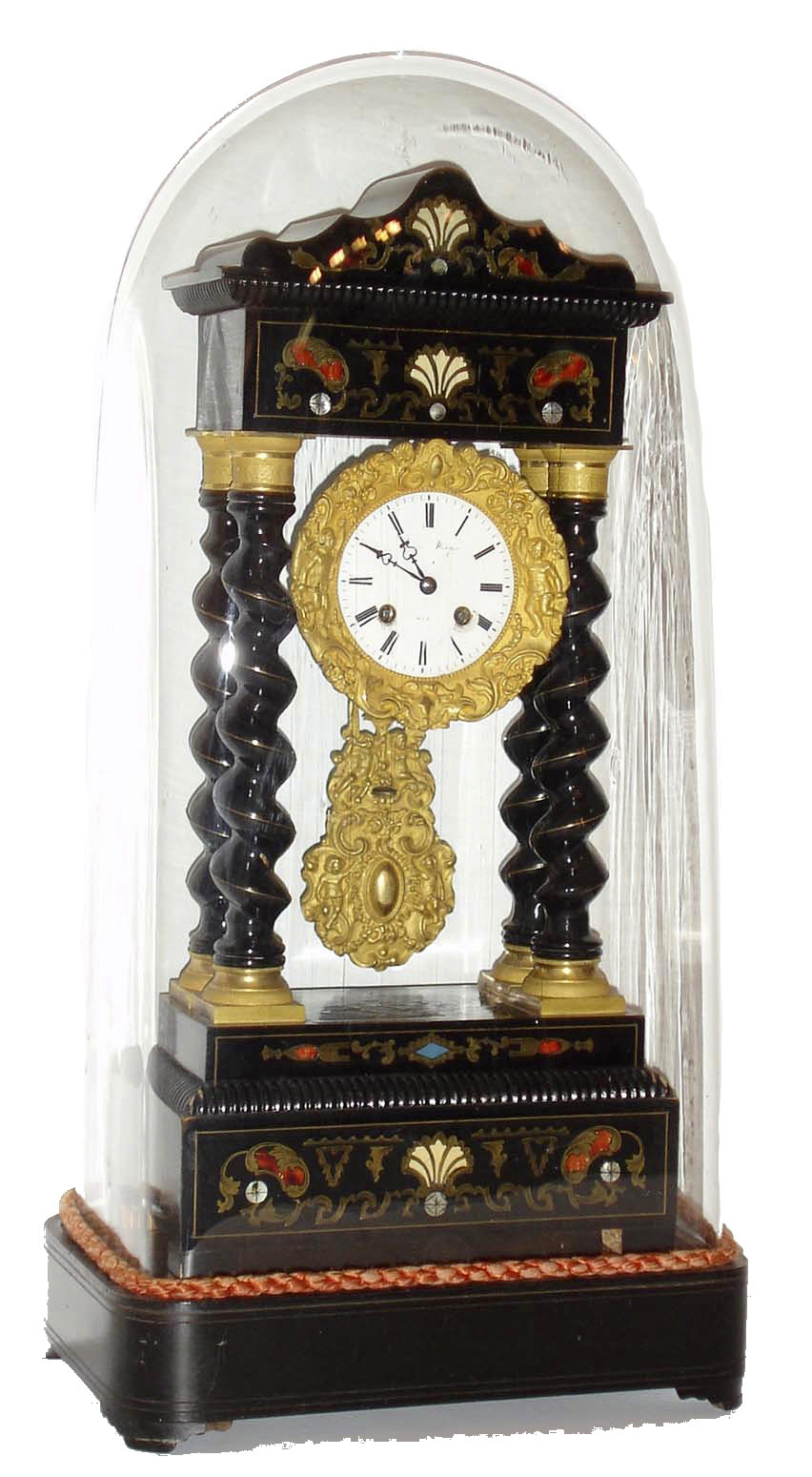 French portico clock, Japy Freres 8 days, time and count wheel strike pendule a Paris movement, back plate signed "Rollin a Paris", counting the hours on a bell and a single blow at the half hour, ebonized case, brass inlaid twist turned columns with gilt bronze capitals and bases, case also inlaid with engraved brass ornament and highlighted with tortoise shell, ivory and mother of pearl, gilt bronze bezel and pendulum incorporating elements of the Baroque, Rococo, and Classical styles, signed white enamel Roman numeral dial with blued steel hands, all on an brass inlaid, ebonized base, the underside signed "Rollin", and covered with a glass dome trimmed with braided cord, c. 1845 — Antique Clocks Price Guide