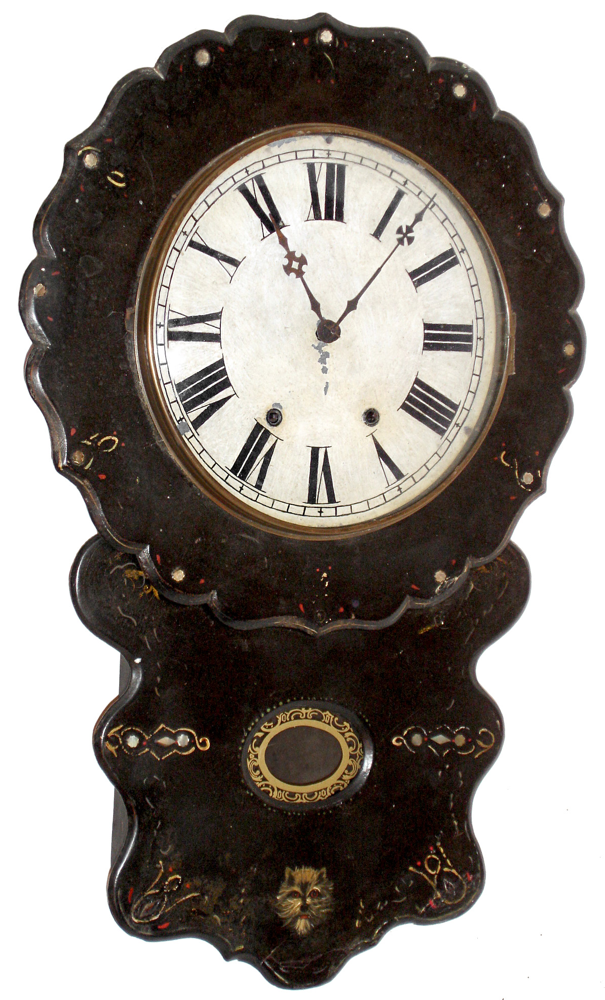 Anglo-American papier-meche wall clock, 8 days, time and strike, spring driven movement probably by New Haven, c1875 — Antique Clocks Price Guide